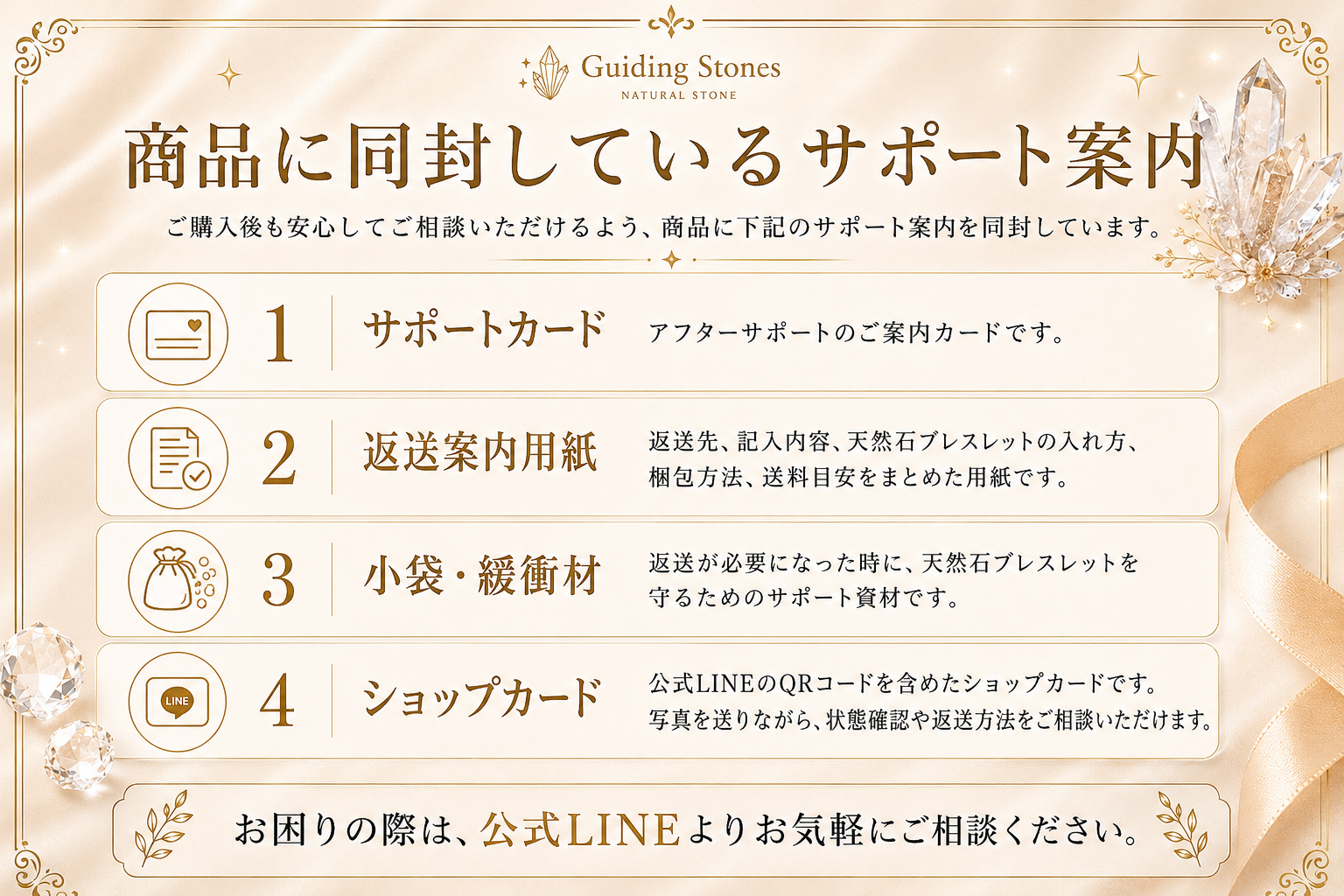 Guiding Stonesの安心お買い物サポート案内画像。透明感や内包物の表情を相談しながら選べます。